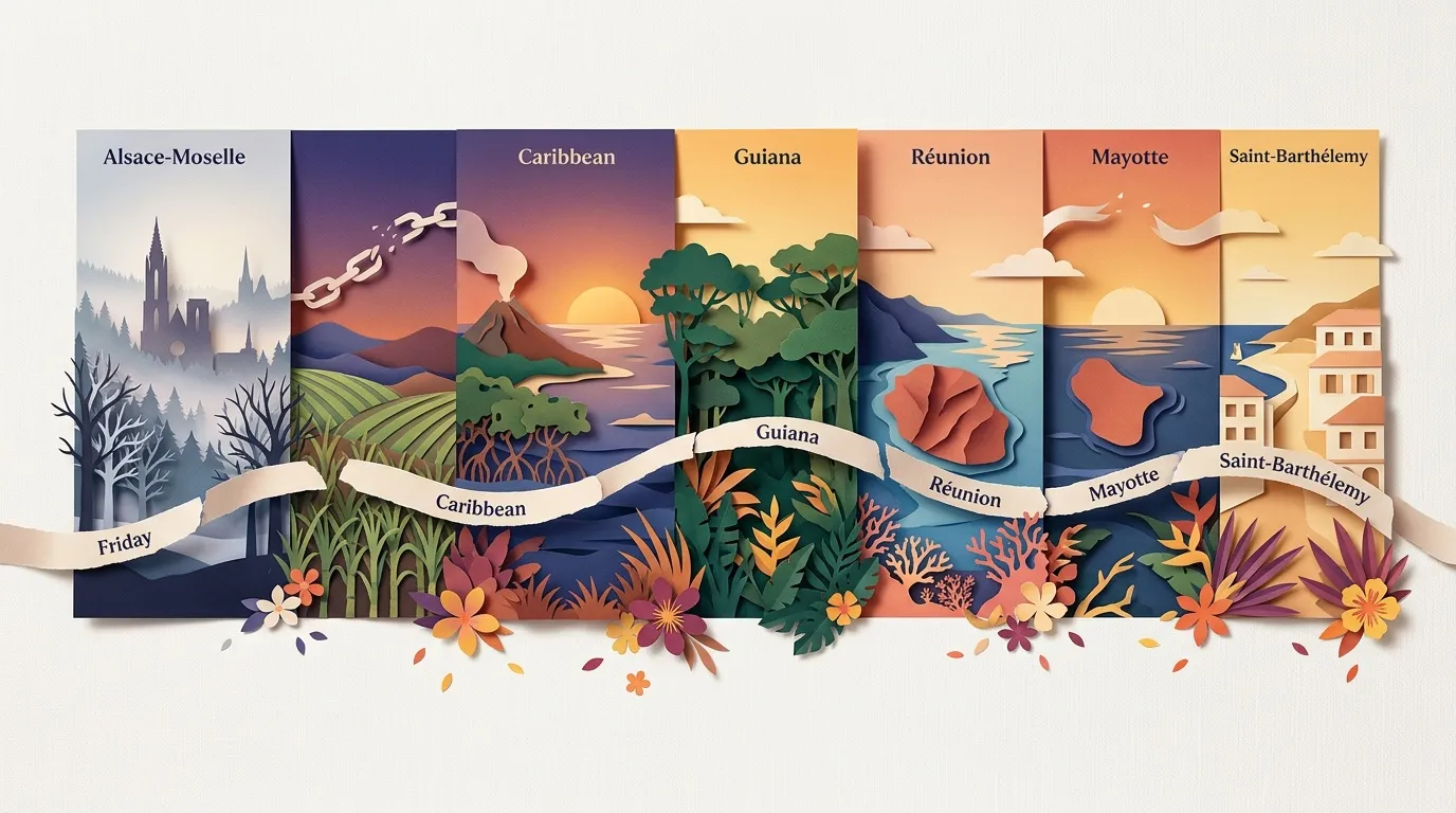 Illustration artistique des six territoires fran&ccedil;ais avec paysages caract&eacute;ristiques