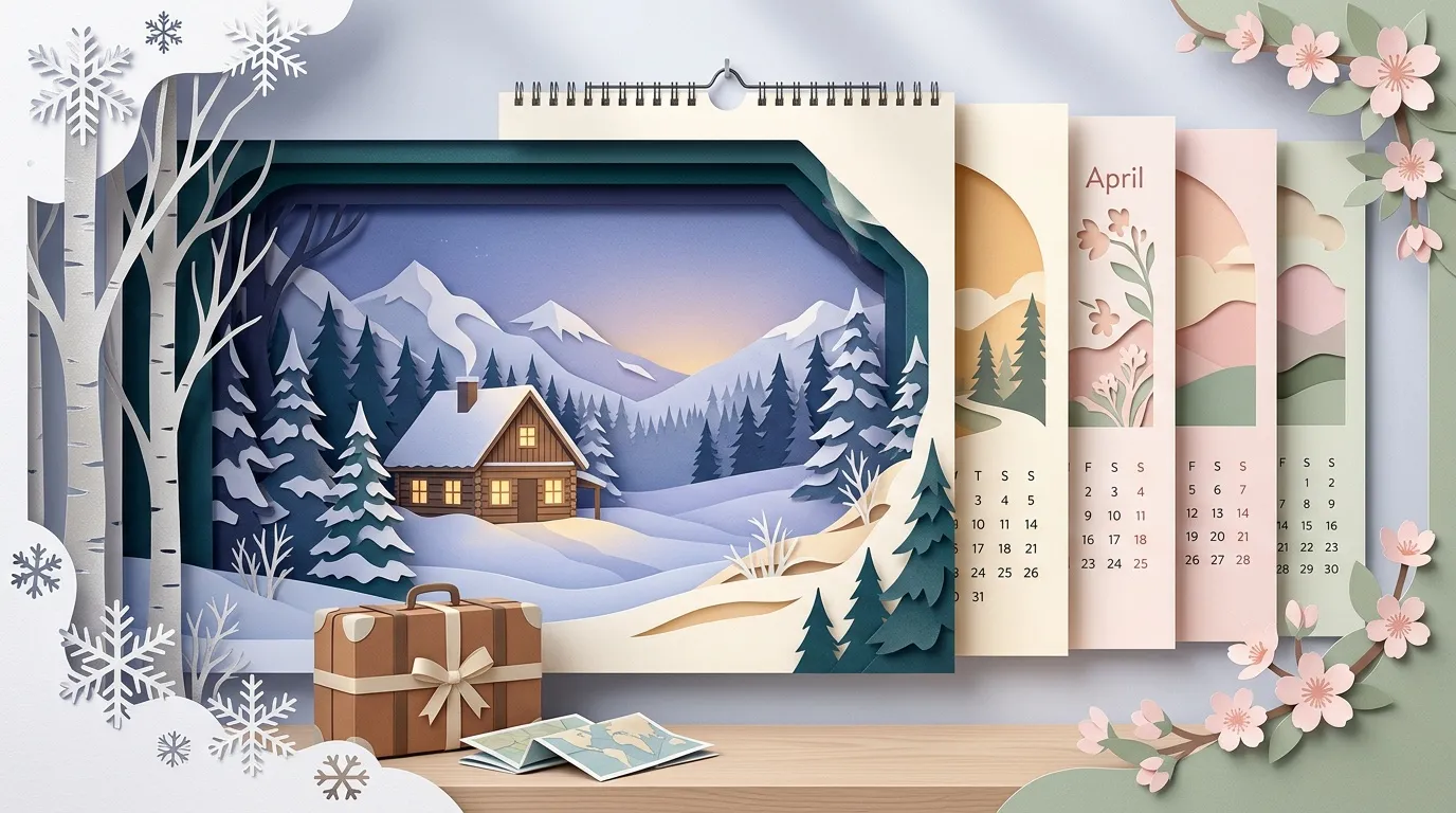 Calendrier mural affichant sc&egrave;nes hivernales et printani&egrave;res stylis&eacute;es
