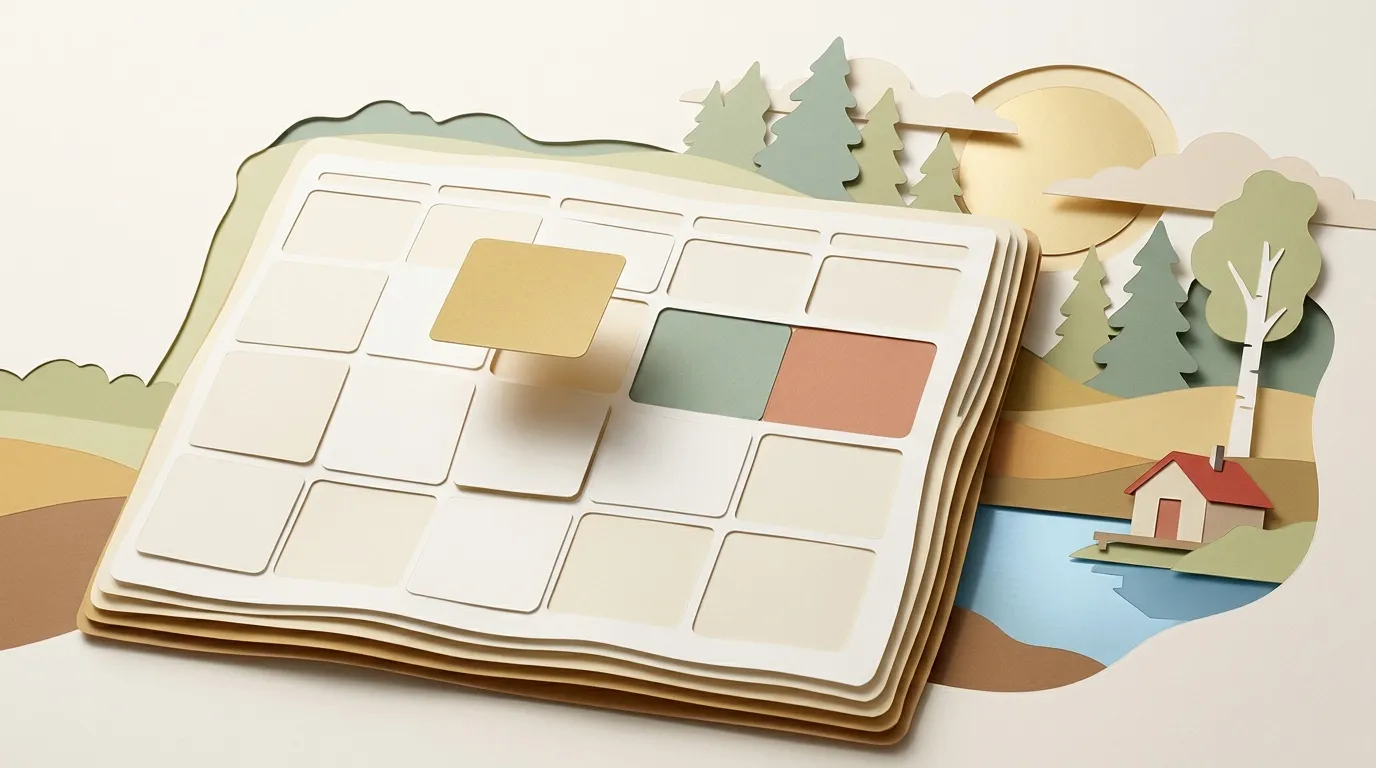 Calendrier ouvert avec paysage naturel en papier découpé