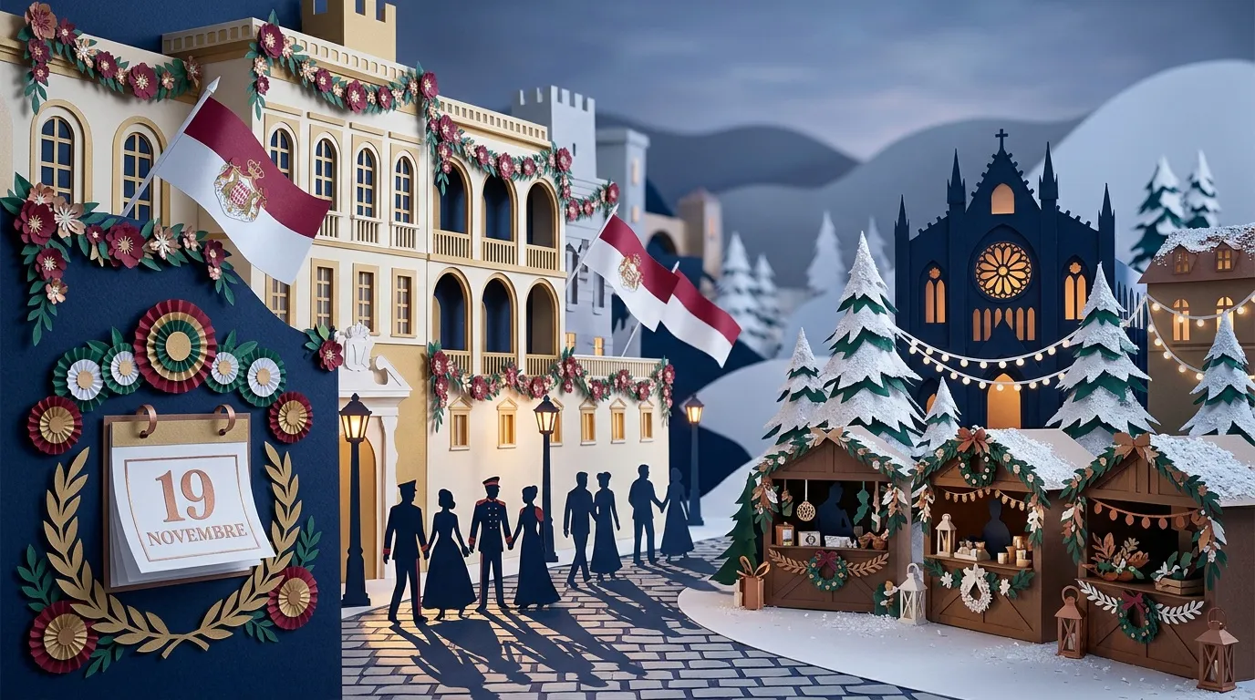 Place médiévale décorée pour Noël avec marché, église et sapin enneigé