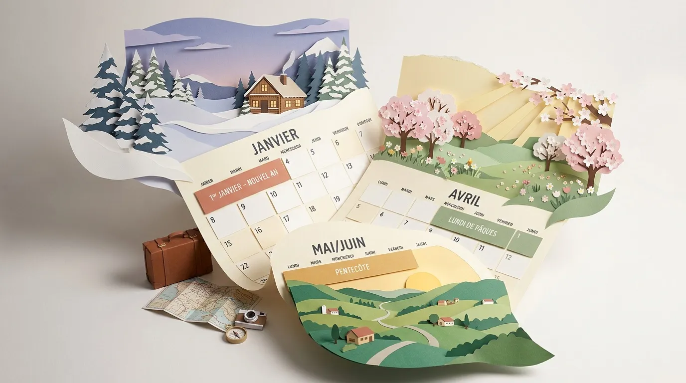 Calendrier 3D avec mois illustr&eacute;s par paysages saisonniers