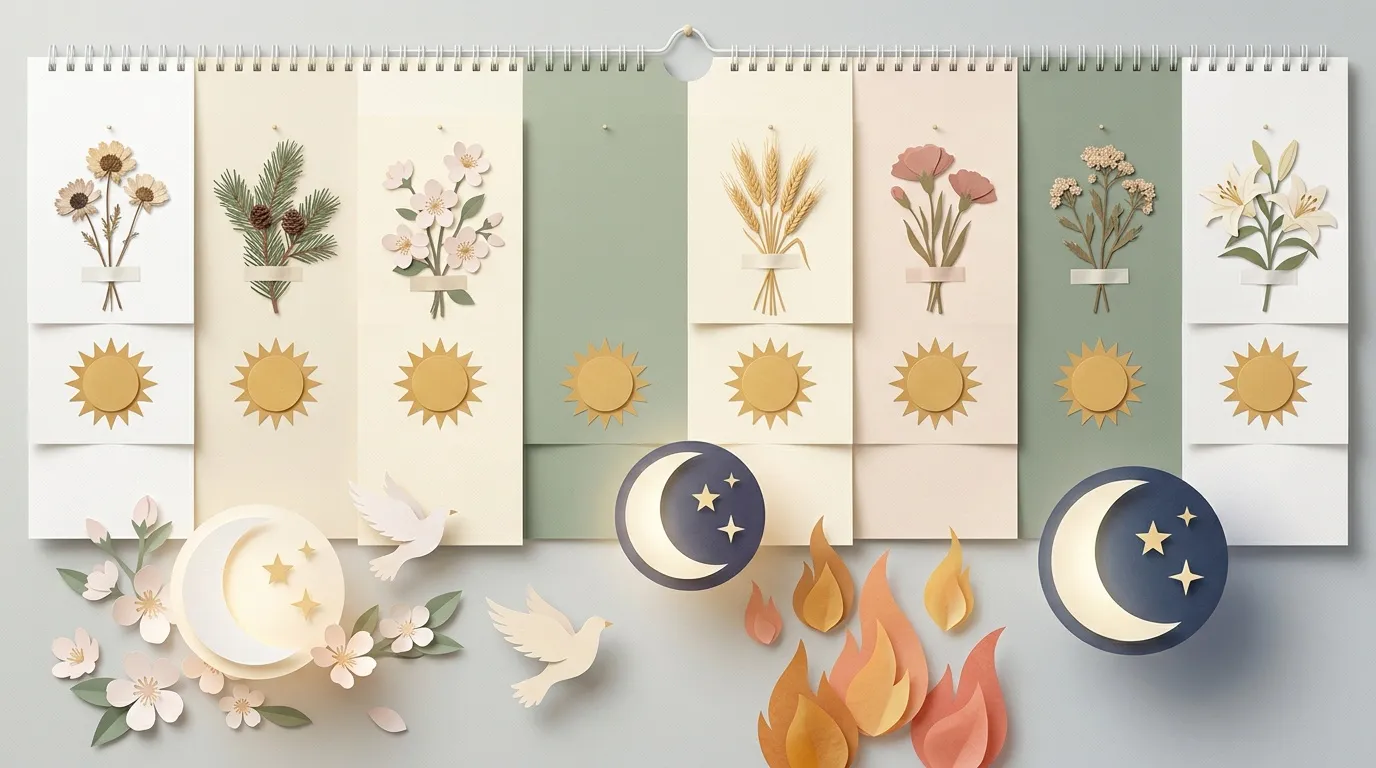 Calendrier mural avec fleurs, soleils, lunes et &eacute;l&eacute;ments d&eacute;coratifs