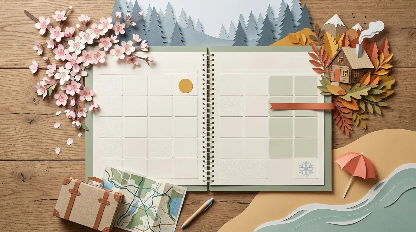 Calendrier ouvert d&eacute;cor&eacute; avec fleurs, feuilles et accessoires de voyage
