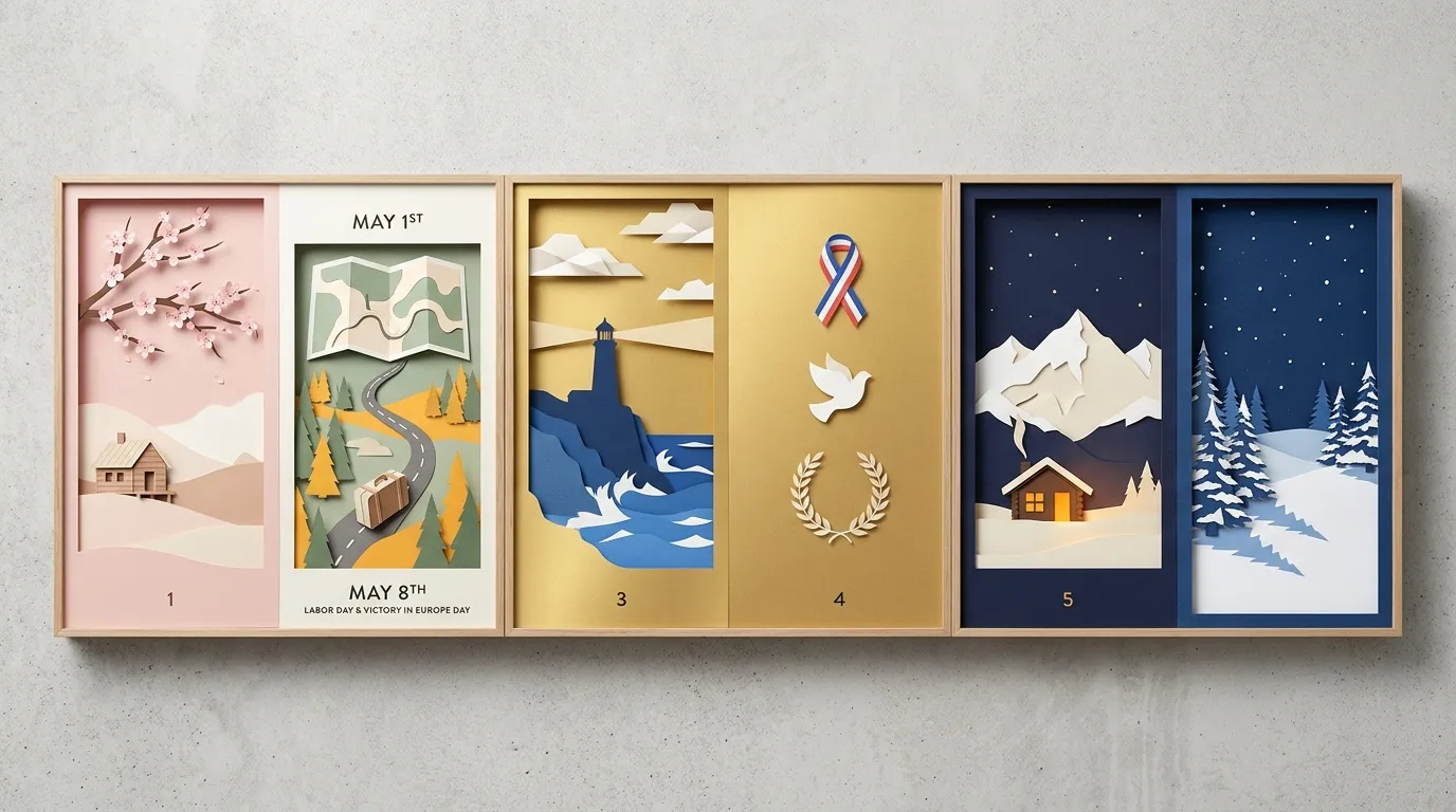 Cinq panneaux illustr&eacute;s avec sc&egrave;nes nature et symboles patriotiques