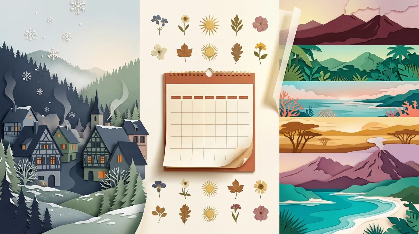 Calendrier mensuel entour&eacute; de paysages nature et fleurs d&eacute;coratives