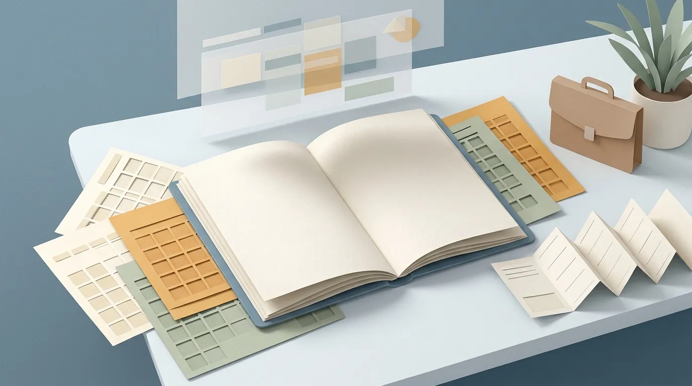 Espace de travail organis&eacute; avec cahier, nuanciers et accessoires