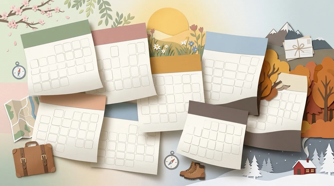 Calendriers vierges illustr&eacute;s repr&eacute;sentant printemps, &eacute;t&eacute;, automne, hiver