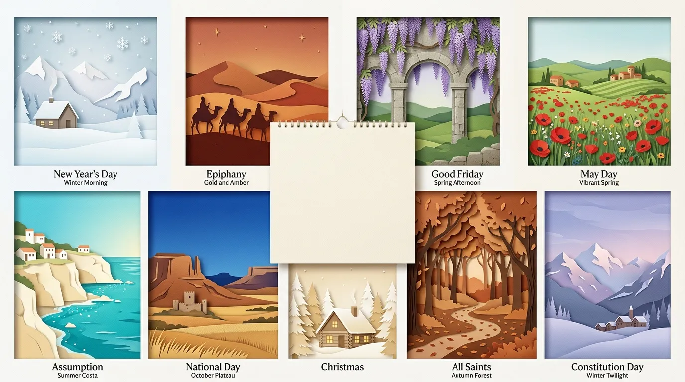 Neuf illustrations papier repr&eacute;sentant diff&eacute;rentes f&ecirc;tes et saisons de l'ann&eacute;e