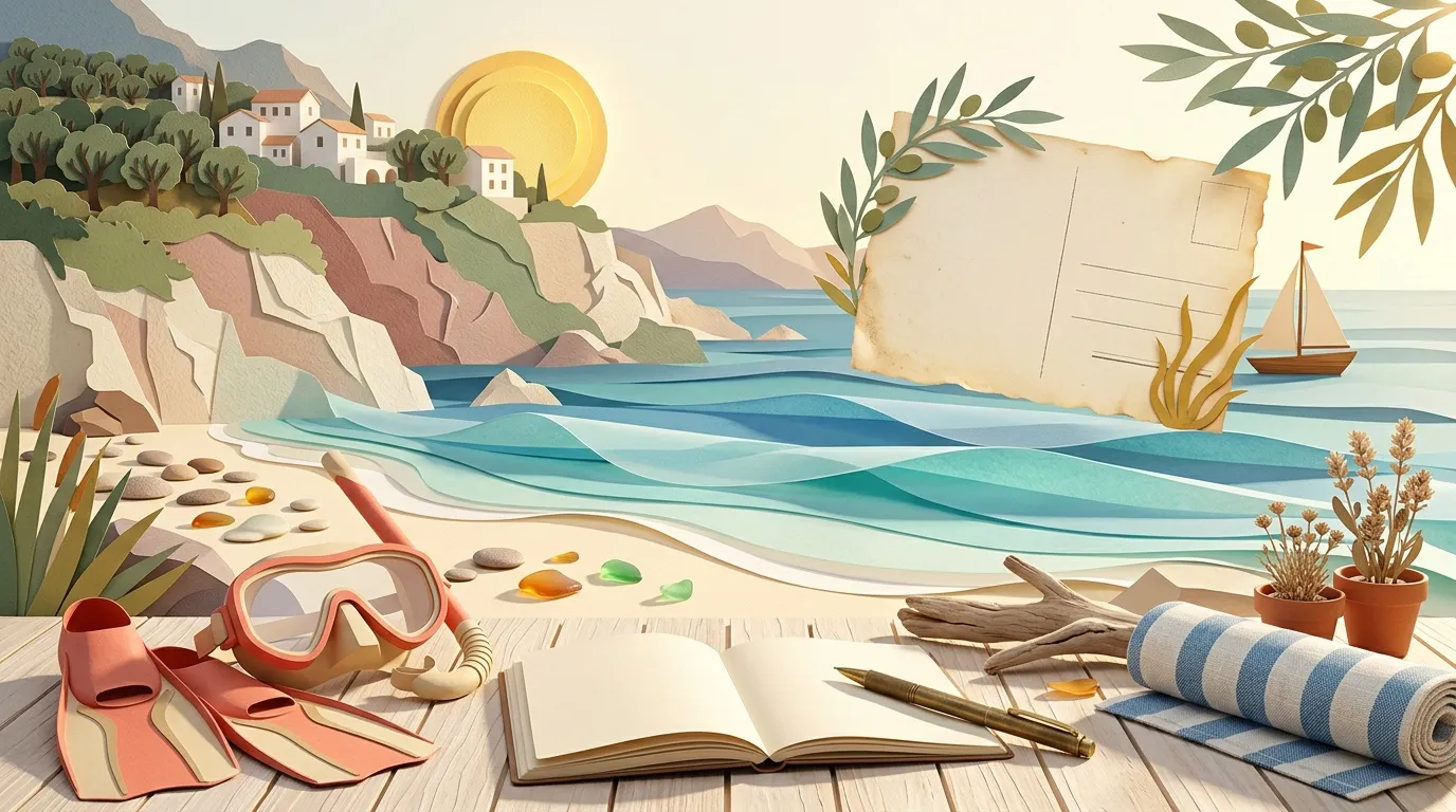 Scène plage avec carnet, masque plongée et paysage côtier