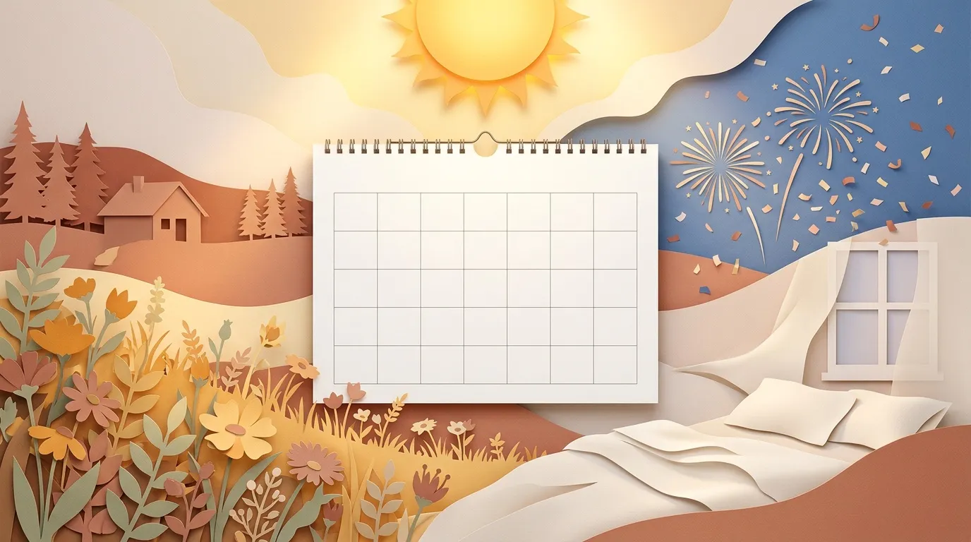 Calendrier vierge avec paysages automnal et nocturne stylis&eacute;s