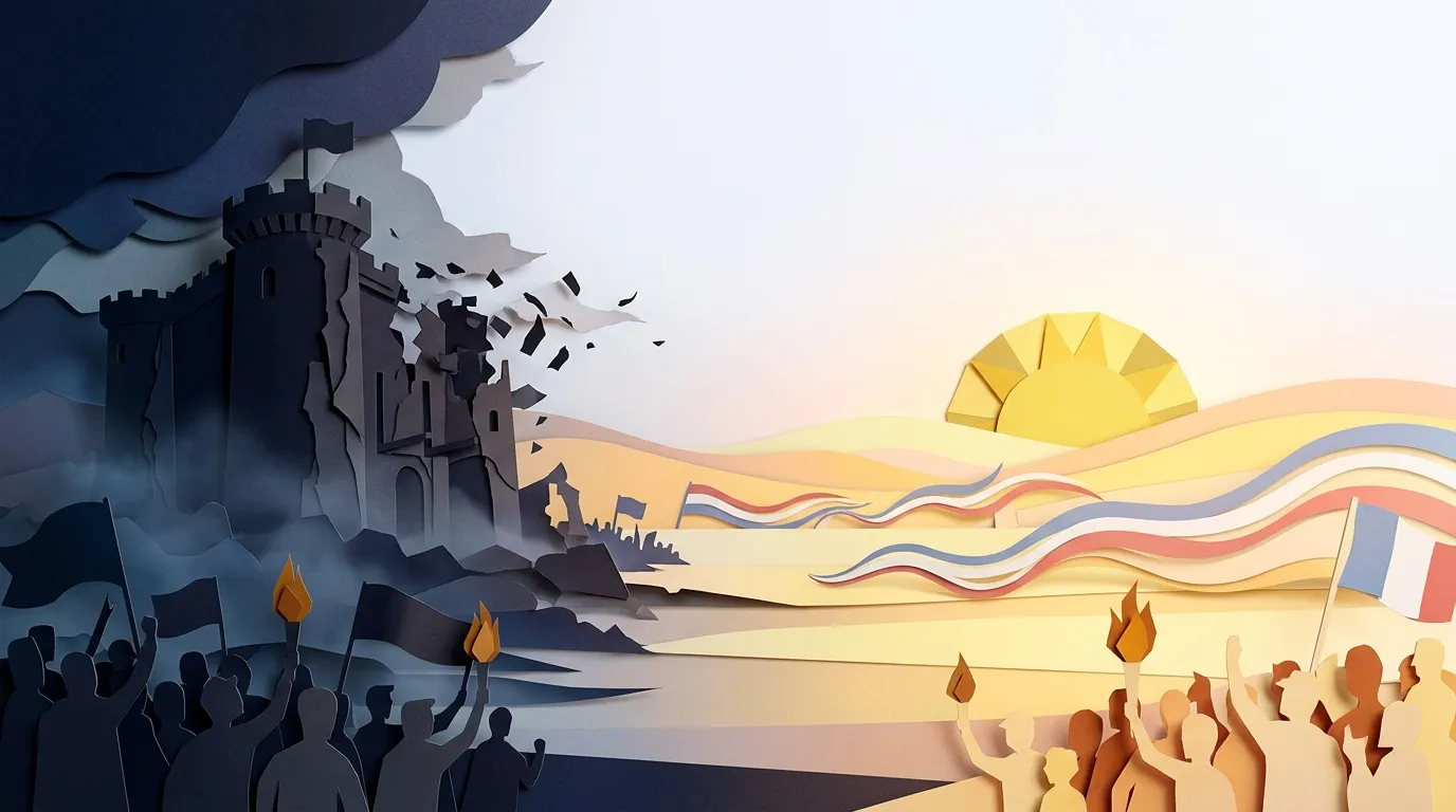 Ch&acirc;teau d&eacute;truit face &agrave; arm&eacute;e victorieuse au soleil levant