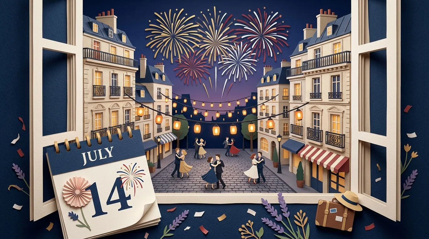 Fen&ecirc;tre ouverte sur f&ecirc;te fran&ccedil;aise avec feux d'artifice