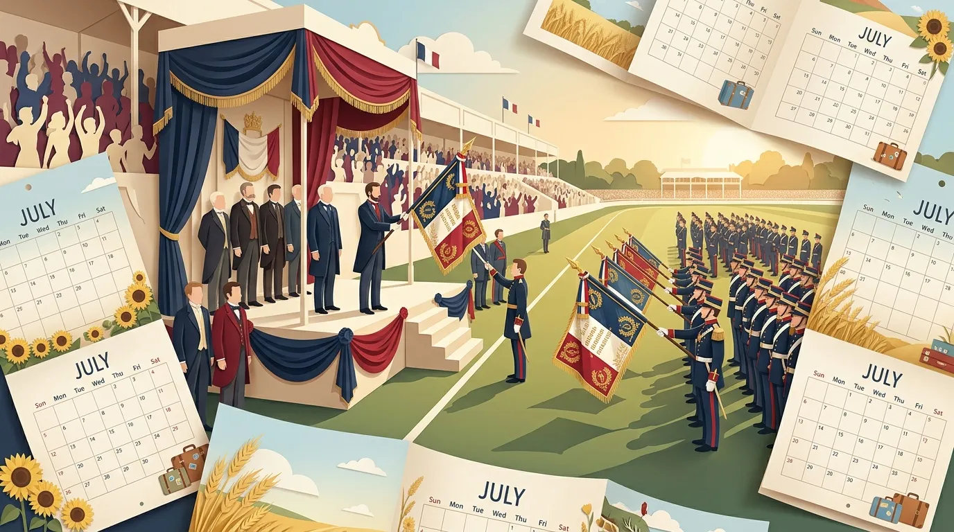 C&eacute;r&eacute;monie militaire officielle avec drapeaux et calendriers juillet