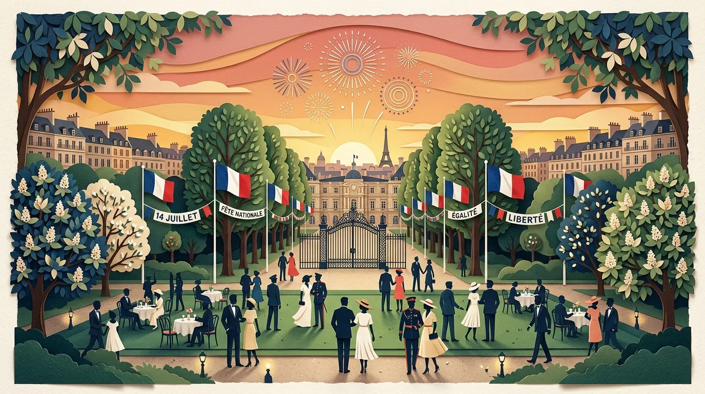 Illustration festive du 14 juillet &agrave; Paris avec drapeaux tricolores