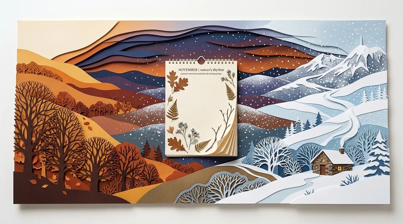 Calendrier novembre avec paysages automne-hiver en papier découpé