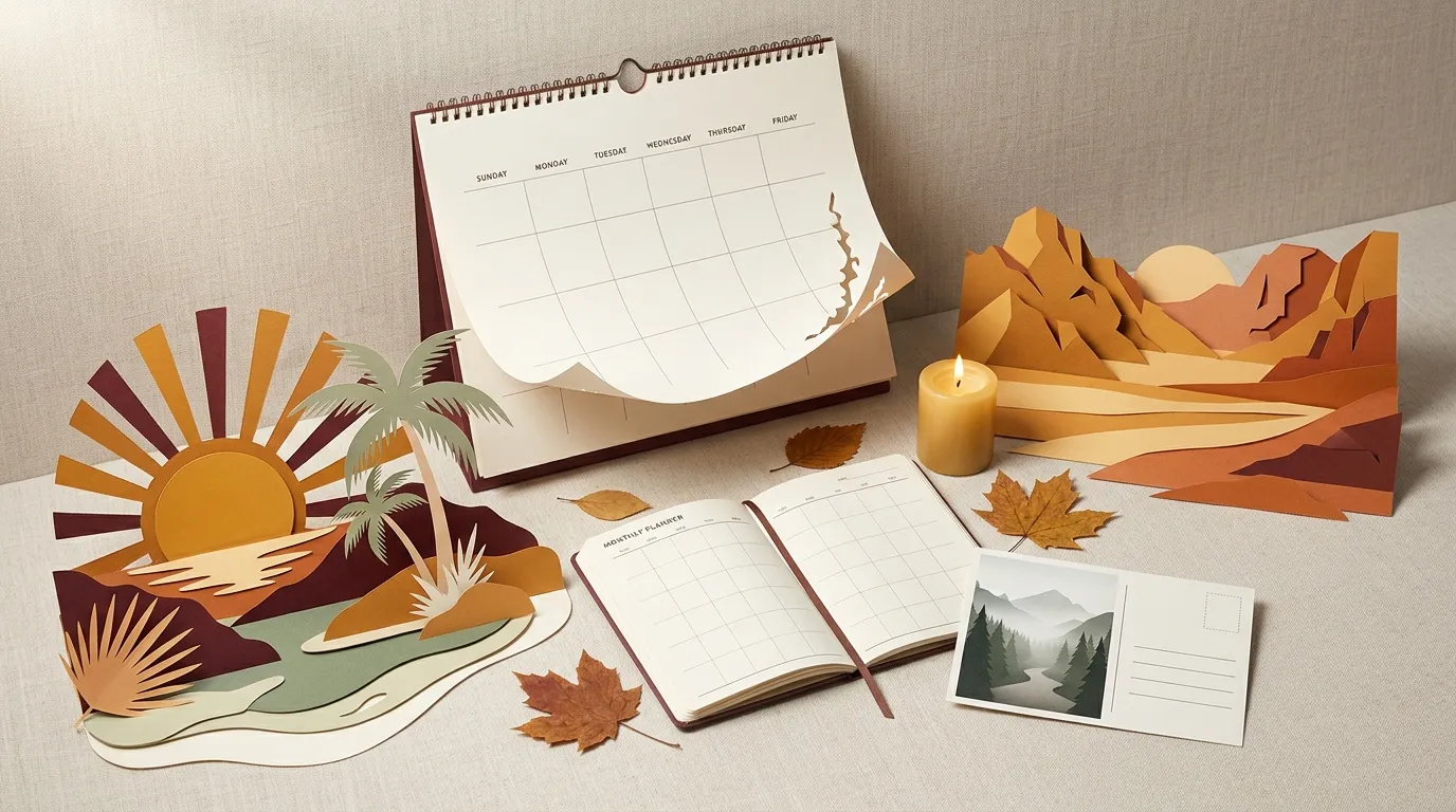 Calendriers, carnets et décor automnal sur surface beige.