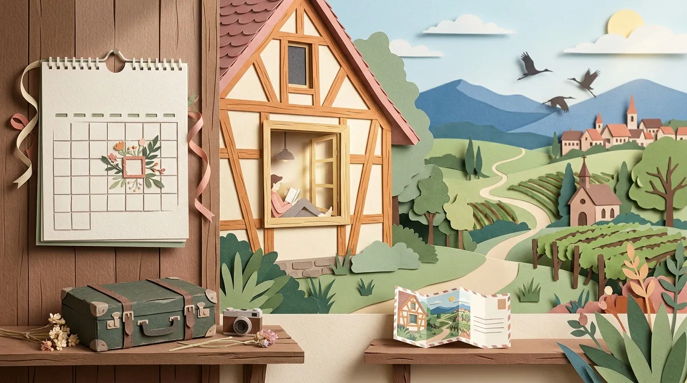 Scène de papier découpé avec maison, calendrier et paysage rural