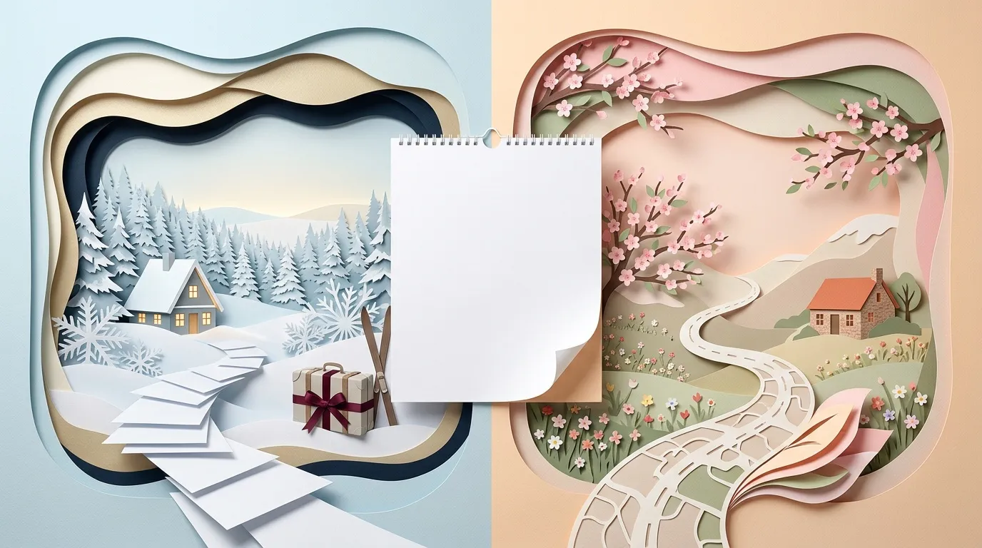 Calendrier mural montrant hiver et printemps en papier découpé