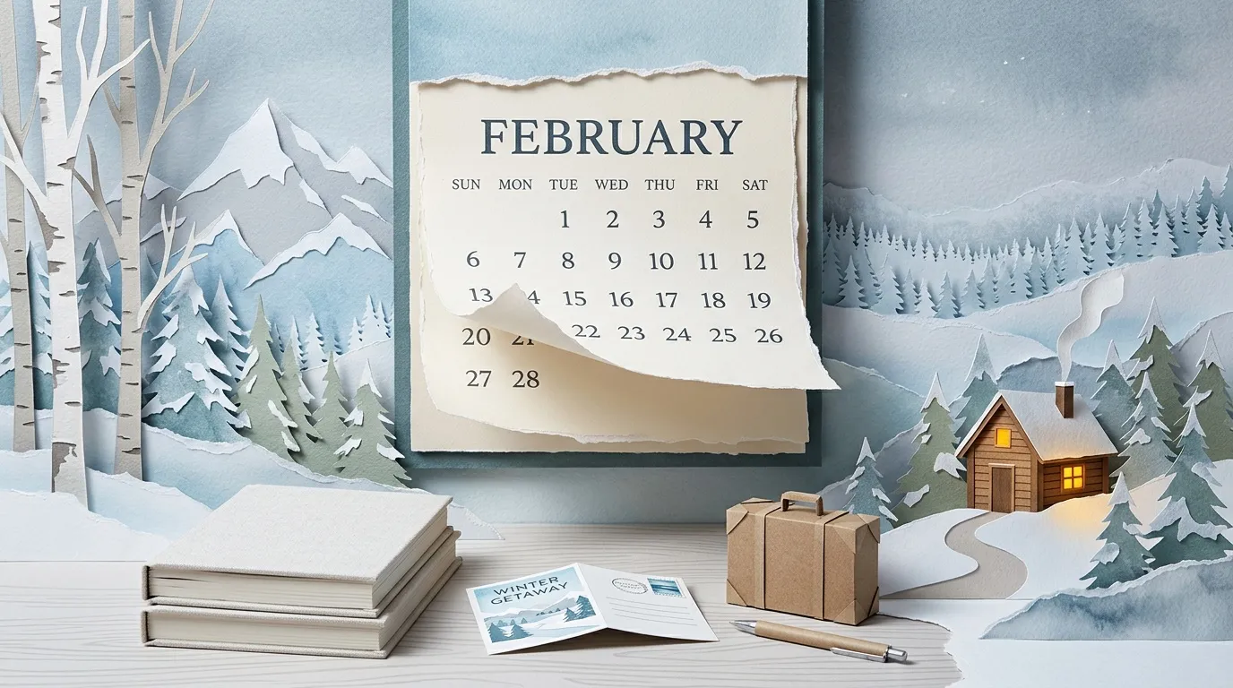Calendrier février avec décor hivernal en papier découpé