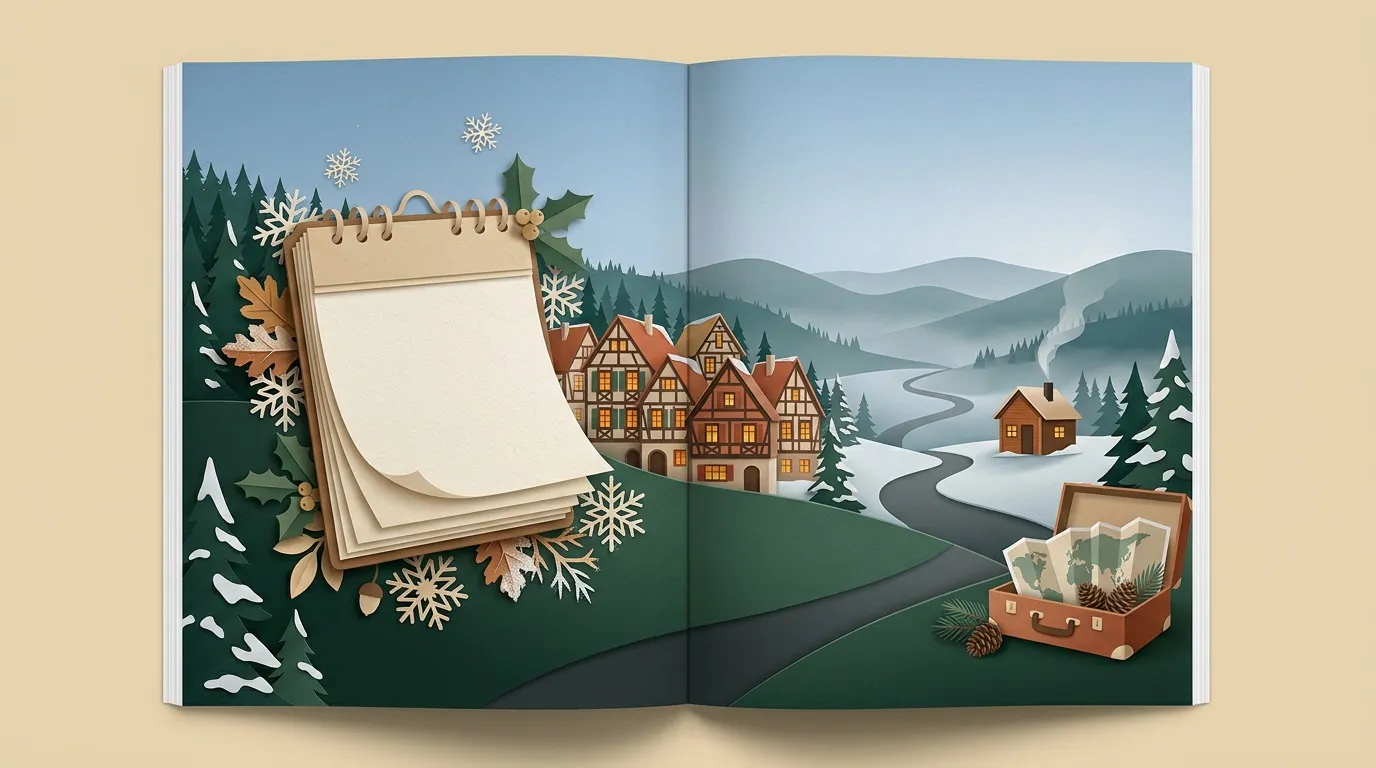 Livre ouvert avec paysage hivernal en papier découpé et calendrier