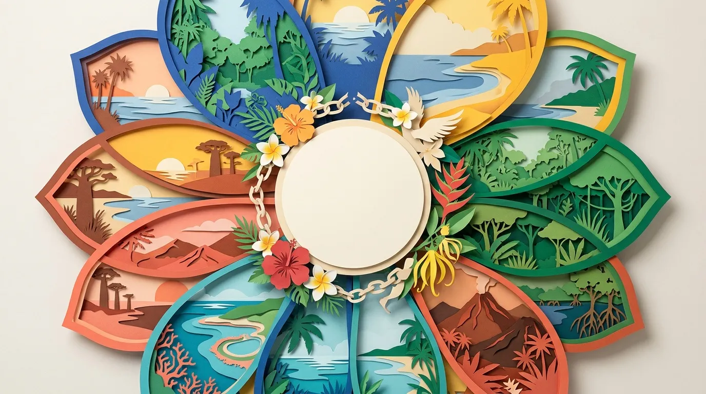 Art papier coloré avec paysages tropicaux et fleurs