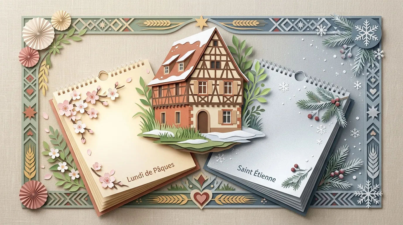 Art papier : maison alsacienne entre calendriers printemps et hiver