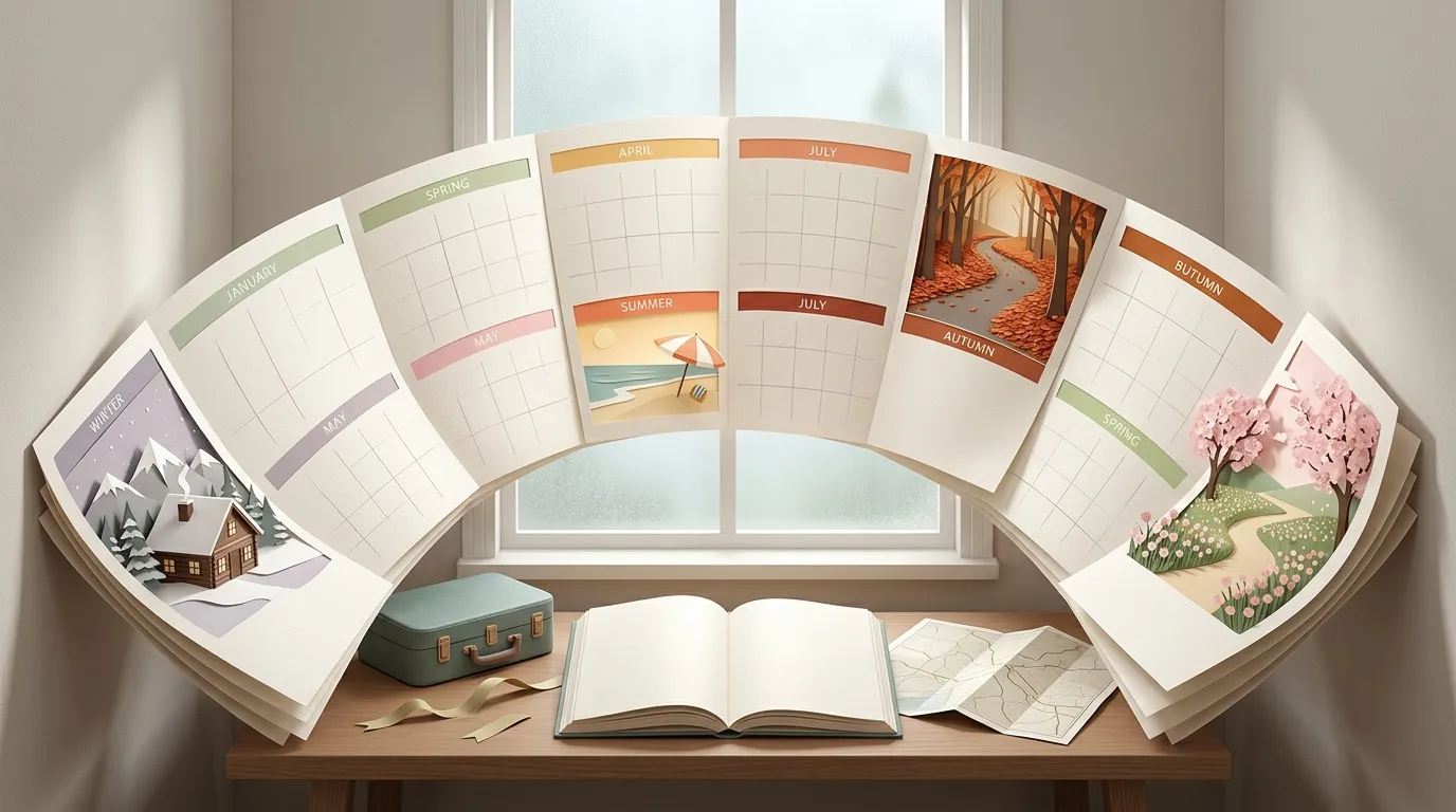 Pages de calendrier mensuel avec illustrations color&eacute;es des quatre saisons