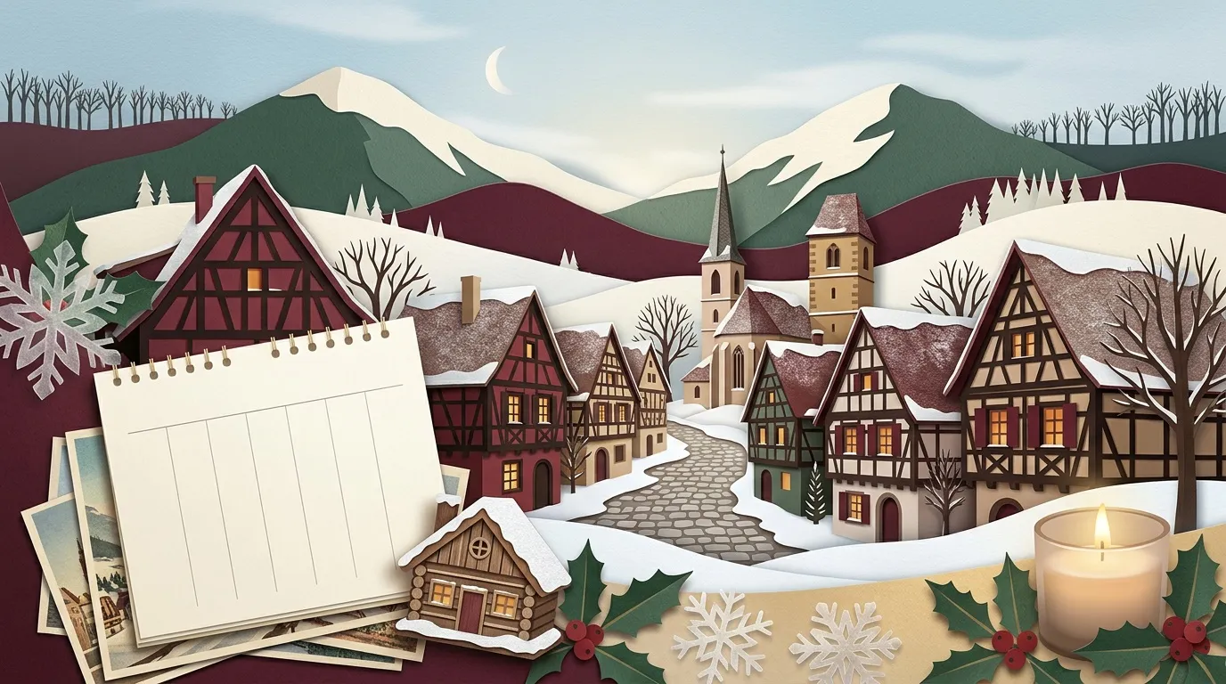 Village de No&euml;l montagnard enneig&eacute; avec maisons &agrave; colombages.