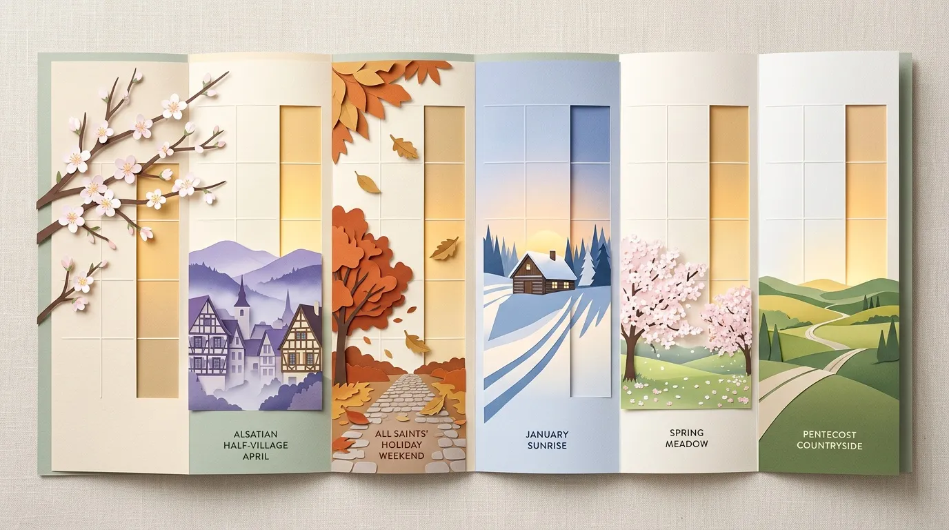 Calendrier illustr&eacute; avec paysages saisonniers en papier d&eacute;coup&eacute;