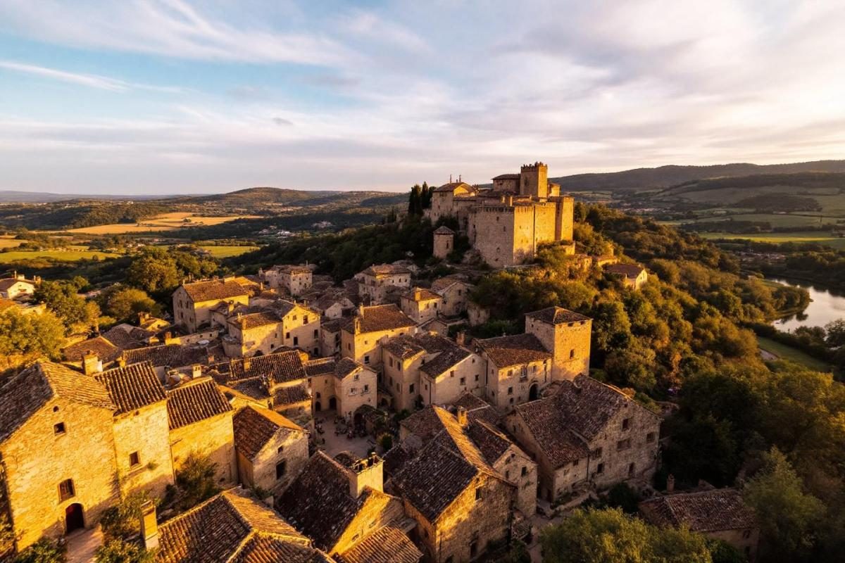 Village occitan médiéval perché sur un éperon rocheux, entre chevaliers et troubadours