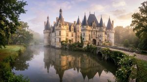 Château Renaissance français reflété dans l'eau calme du matin