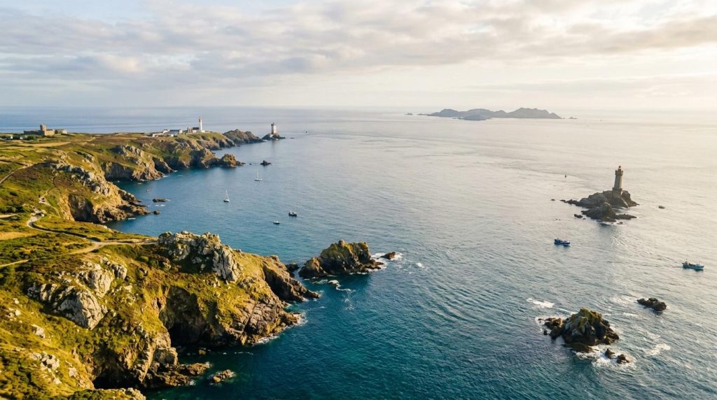 Côte rocheuse avec phares et îles en mer