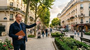 Homme souriant guidant des touristes dans une rue parisienne arborée