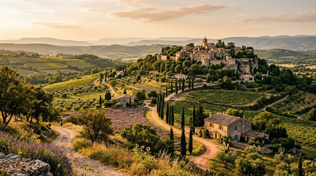Village médiéval toscan entouré de vignobles et cyprès