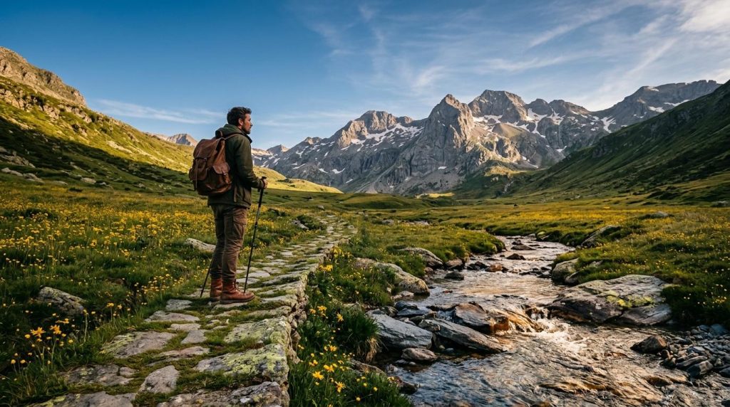 Randonneur solitaire dans vallée alpine avec montagnes majestueuses